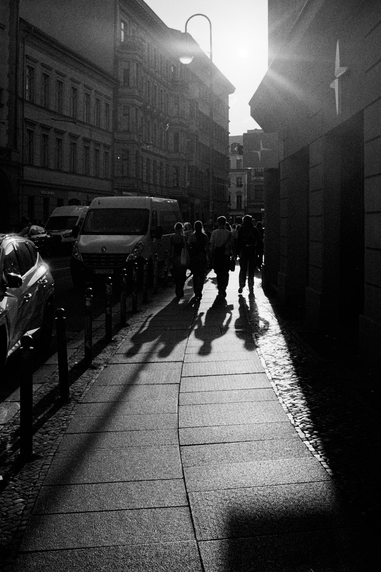 People walking along a pavement against low sun, their long shadows stretching back.