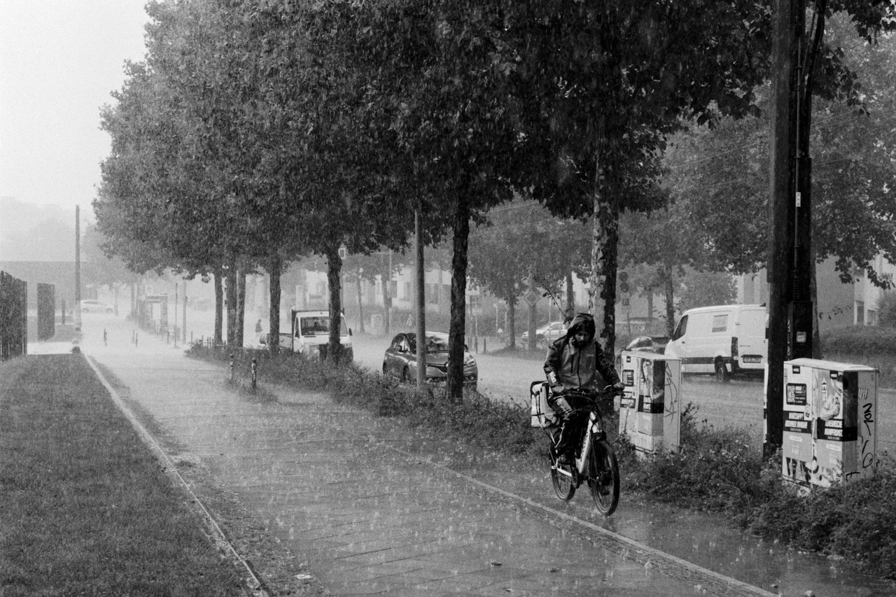 A cyclist in a hooded jacket riding along a tree-lined path in heavy rain.